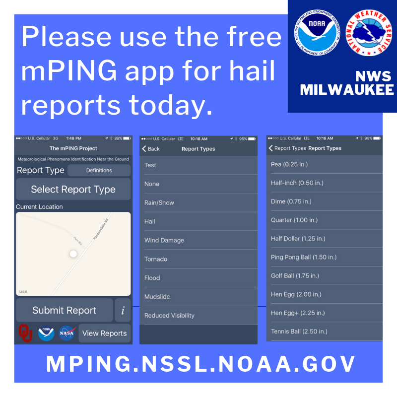 NWSMilwaukee's tweet photo. Today is a great day to try out the free mPING app, which allows you to report hail to us using your location.  We can overlay this onto our radar to get a good idea of when/where hail is occurring.  #wiwx https://t.co/r3jjW4tgum