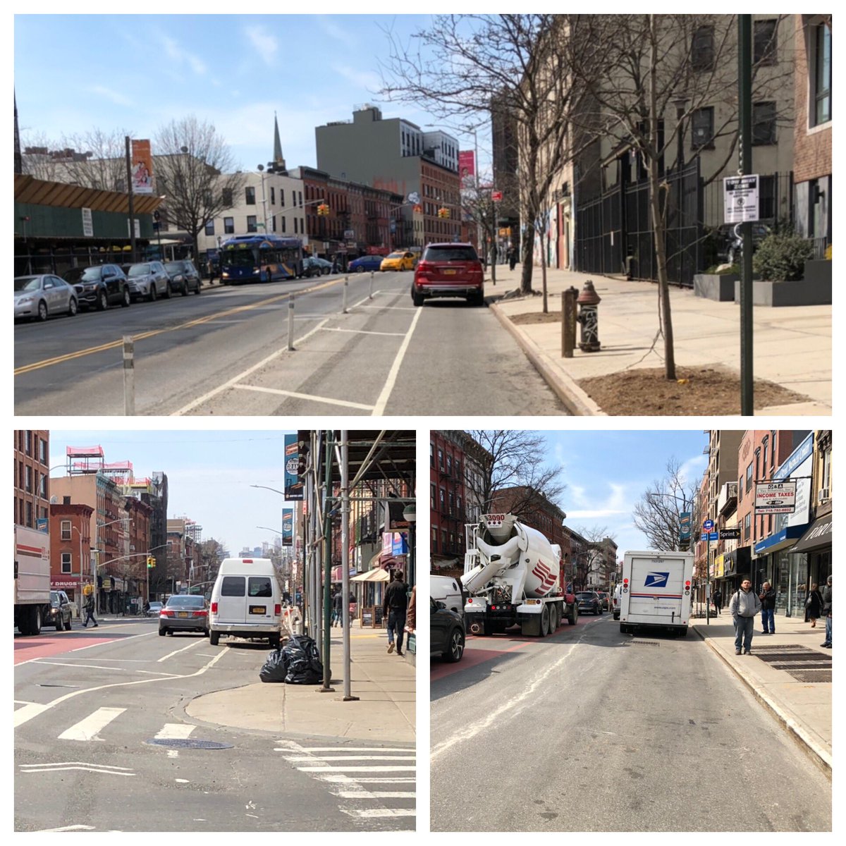 leahcharp's tweet photo. @nyc311 @NYPDnews  @NYCbikepaths @NYC_SafeStreets @TransAlt this is my daily ride west on Grand St BK from Oliver St to Rodney street. Bike lane blocked for 7 blocks. Forced to ride in traffic lane. https://t.co/9b7exxH9V4