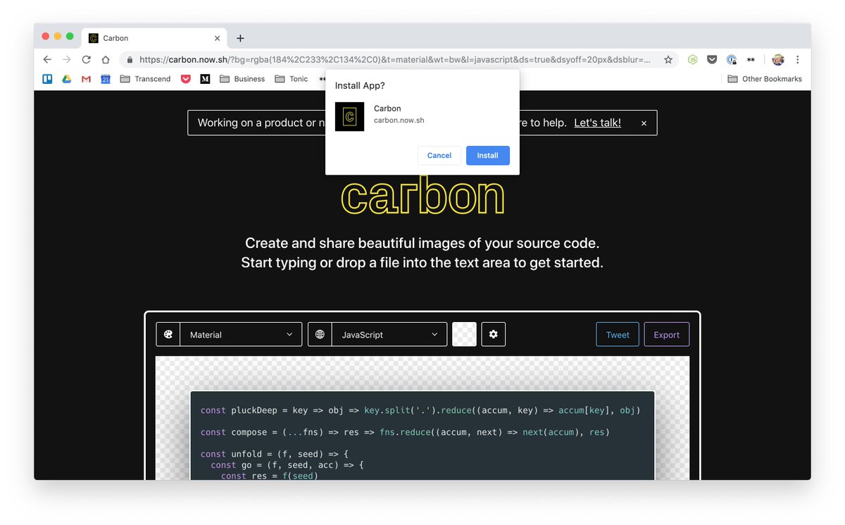 You can now download <a href="/carbon_app/">Carbon</a> as a desktop PWA, and use it offline. Great for those of you working on presentations in the airplane without wifi ✈️

(Requires Chrome 73)