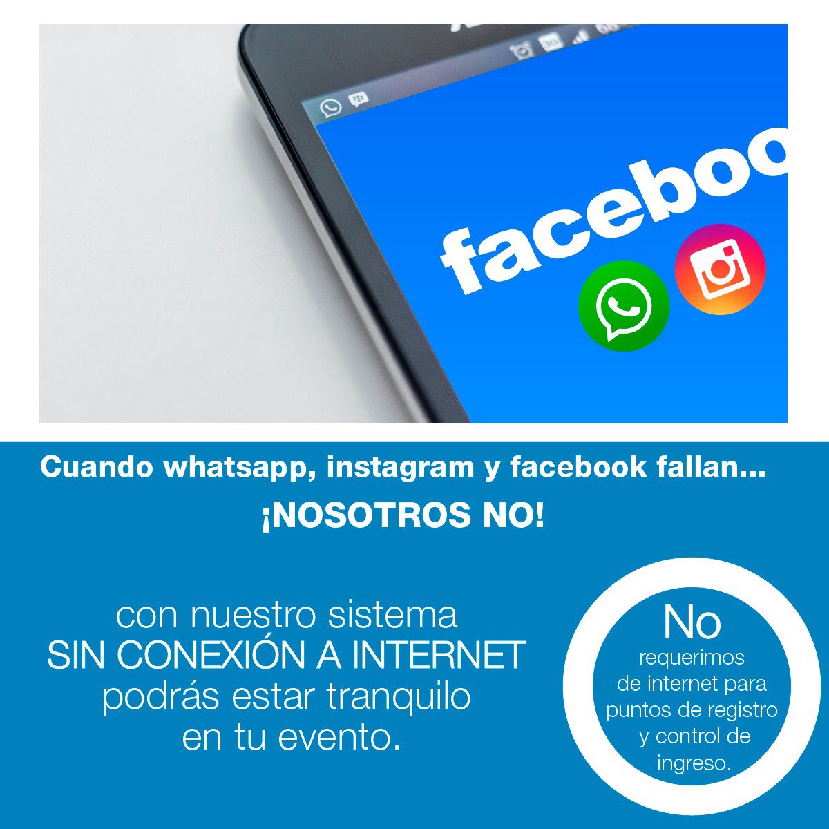 Incontactos's tweet photo. Para que no sufras una caída en el servicio como Facebook, utiliza nuestro sistema de registro en tus eventos que no requiere internet 😎
.
.
#incontacto 
#whatsappdown https://t.co/LZrC1yC5py