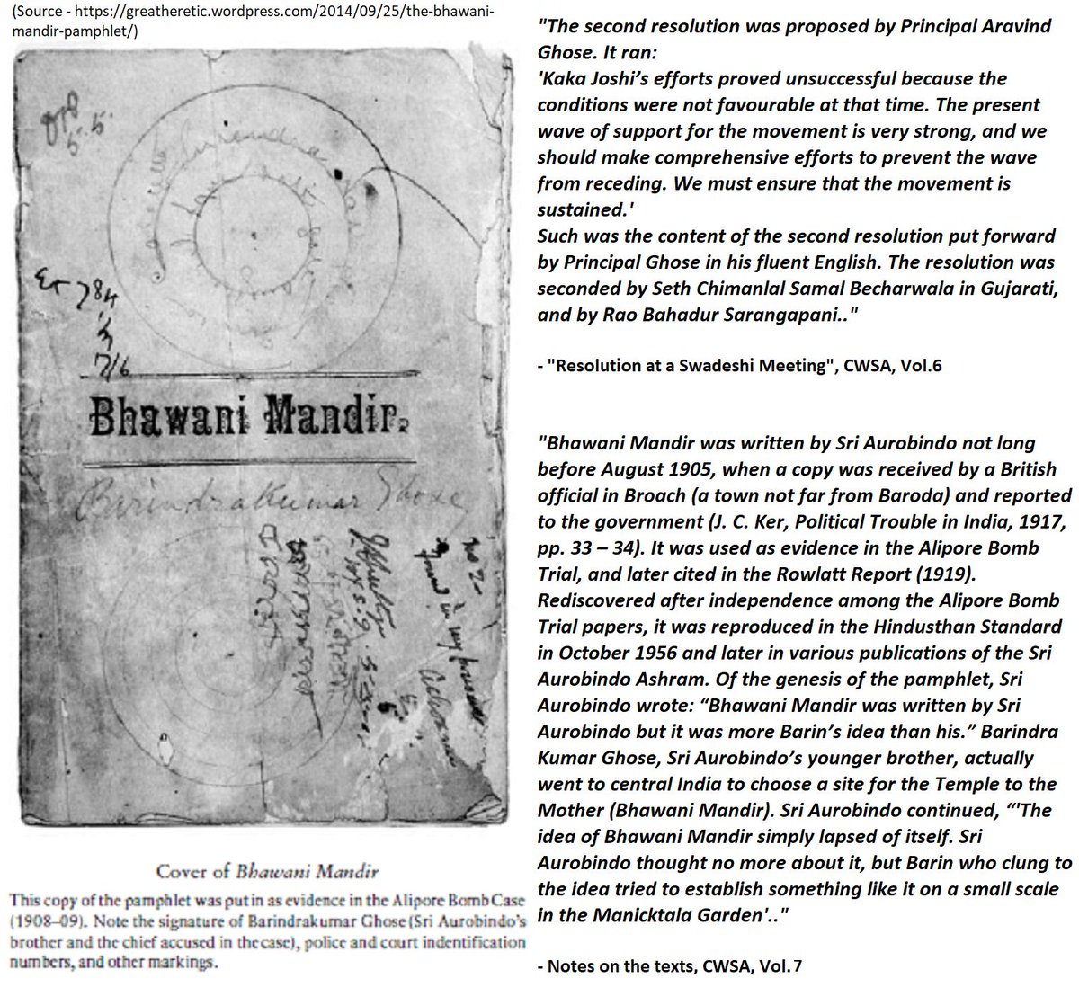 37) Coming to the Front—Partition of Bengal (ii):During the upheaval,  #SriAurobindo made one his first public appearances at a political meeting (in Baroda, 24 Sep. 1905).Also ~Aug 1905, He wrote his famous pamphlet 'Bhawani Mandir', perhaps inspired by Bankim's 'Anandamath':