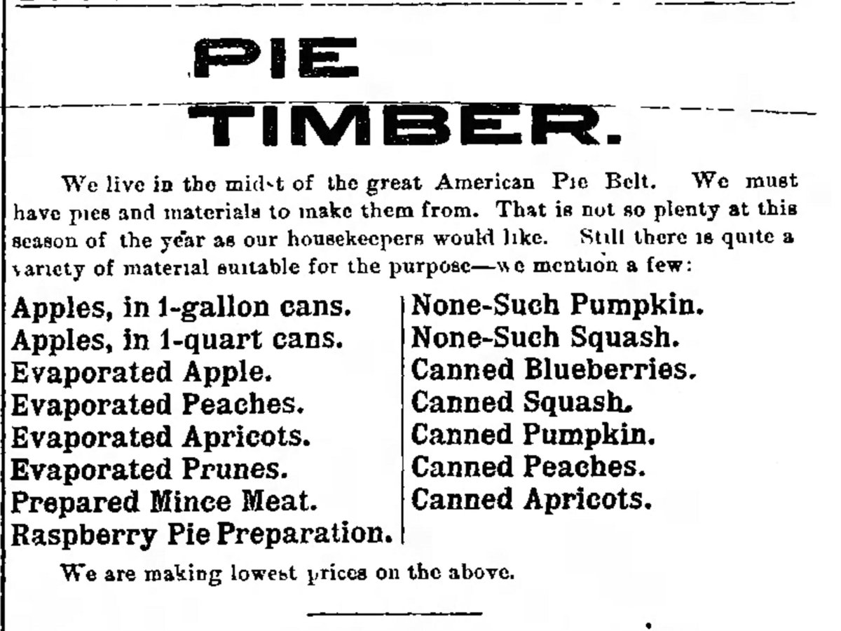  #PiDay Imbedded in these discussion appearing in the nation's newspapers were three issues. The first was the rise of industrialized  #pie production, from canned filling and refined flour to large pie ovens and pie delivery wagons. (Fitchburg Sentinel ad, 24 April 1900) /4