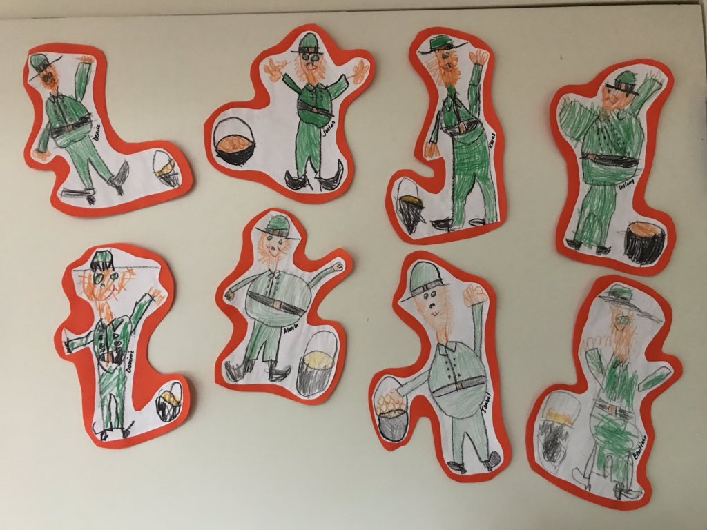 LPLionsTK504's tweet image. Our fine motor skills have improved so much! Check out our drawings of leprechauns! @laspositaslions #lhcsd #readyforkinder