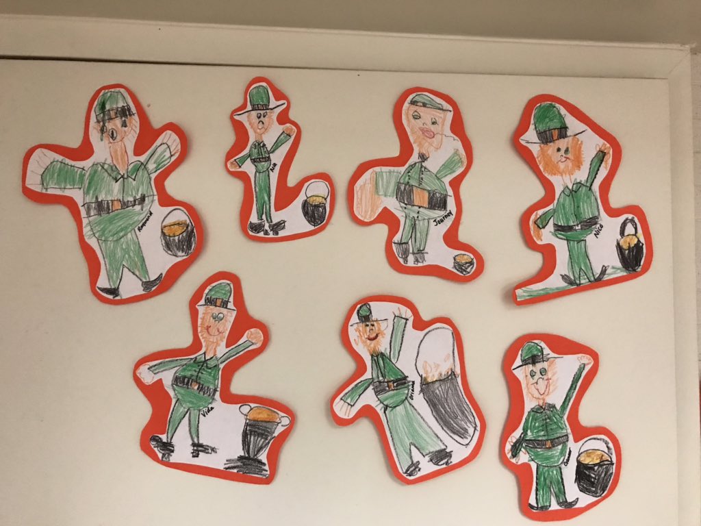 LPLionsTK504's tweet image. Our fine motor skills have improved so much! Check out our drawings of leprechauns! @laspositaslions #lhcsd #readyforkinder