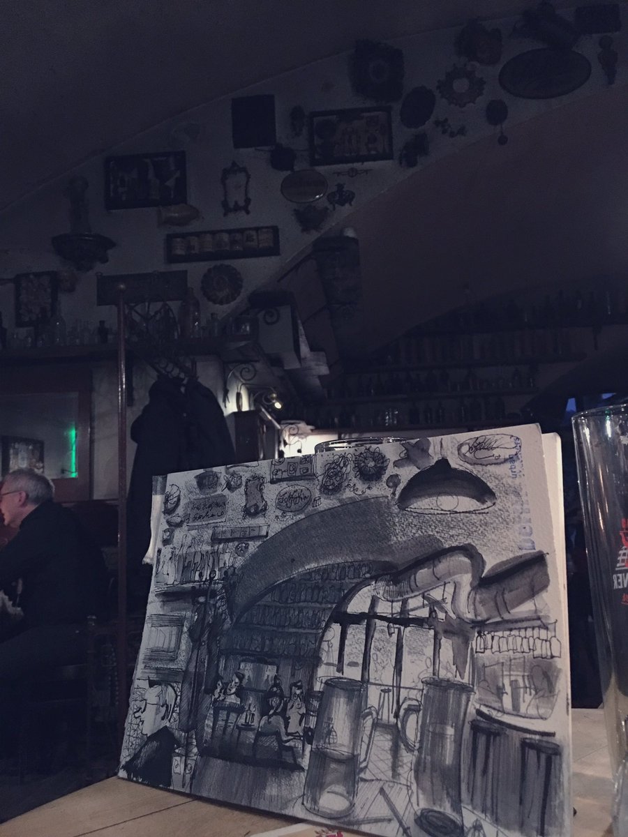 Berlin. Bier Keller. A joint drawing by @DavidLowtherArt and myself, fifty-fifty, half and half, over a stein or two. #beirkeller #BerlinStation #berlin #underneathyhearches