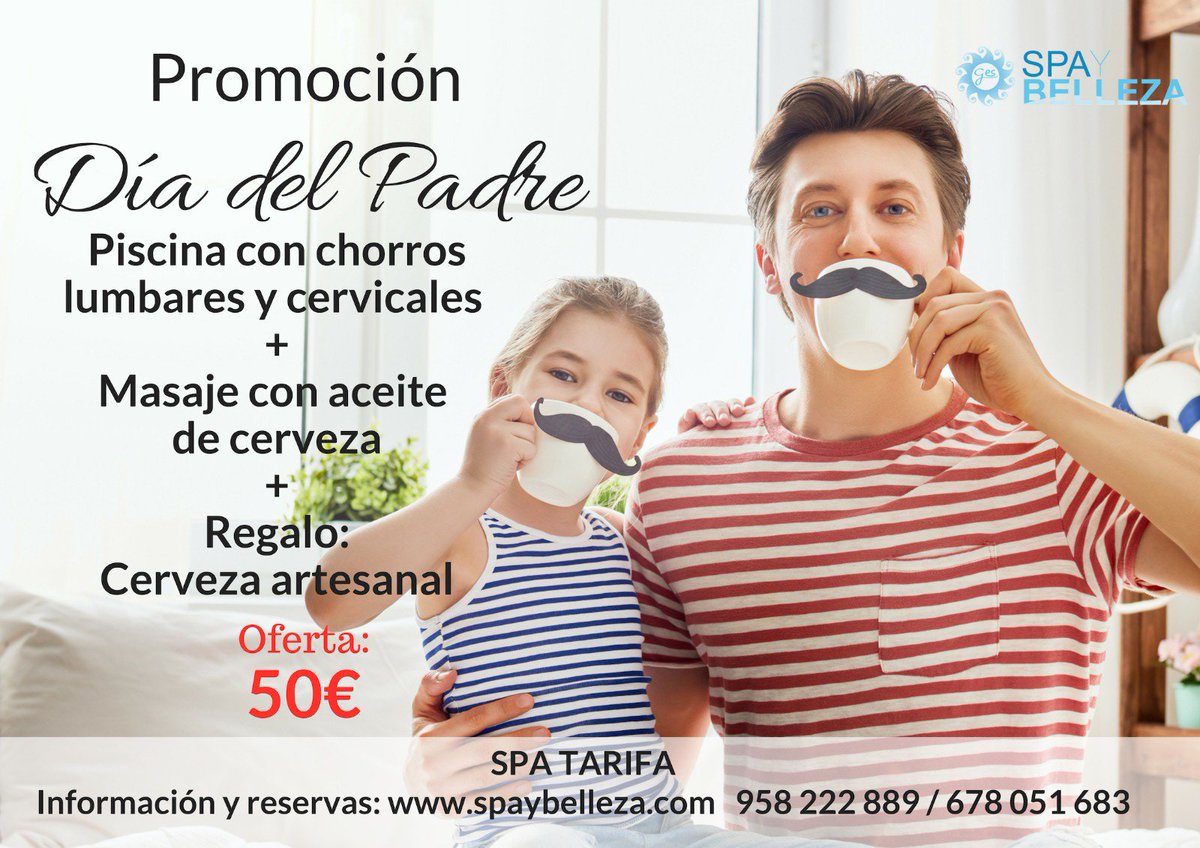 SpayBellezaWeb's tweet photo. Porque tu padre se lo merece...👨‍👧‍👦
💧Piscina interior con chorros lumbares y cervicales
💆‍♂️Masaje de 25 minutos con aceite de lúpulo y levadura de cerveza
🍺Obsequio: 1 cerveza artesanal
Por sólo 👉 50€
https://t.co/v7cmkYyr17
#regalopadre #diadelpadre https://t.co/yTiiGzpcbS