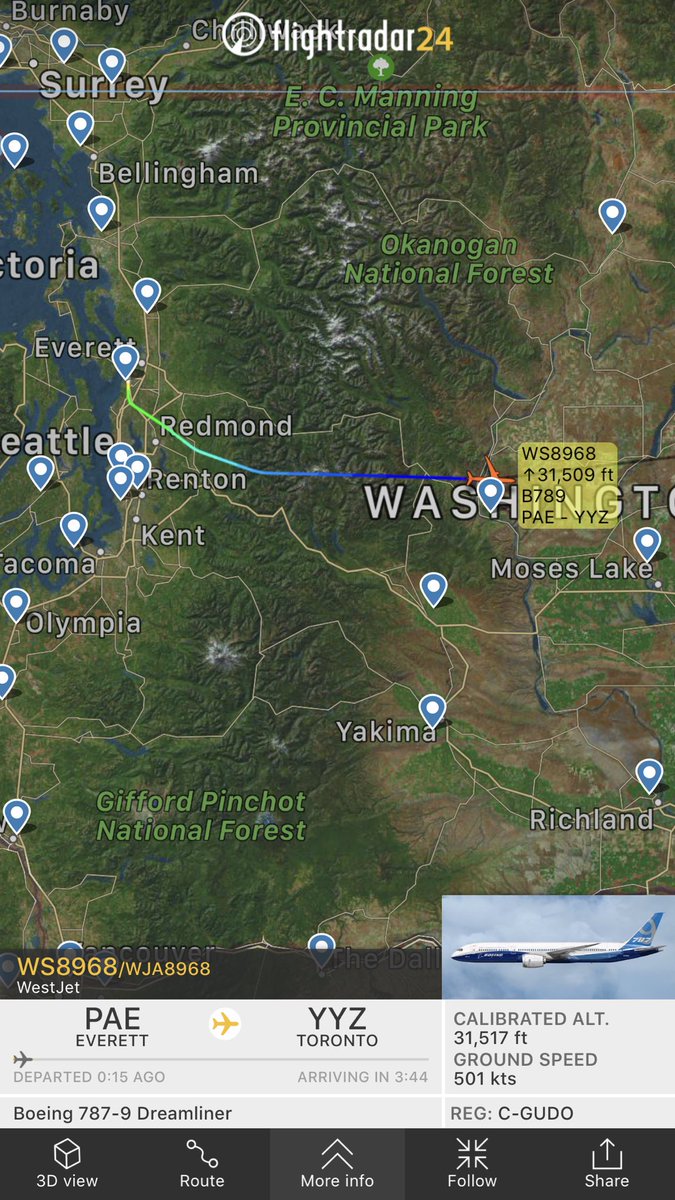 TomPodolec's tweet photo. For the first time all three Westjet Boeing 787-9 Dreamliner aircraft are active at the same time.
#WS670 is a regular flight. #WS4501 is an extra segment to accommodate for #MAX737 grounding. #WS8968 is a delivery flight of their newest aircraft. https://t.co/8u8beKfeb3