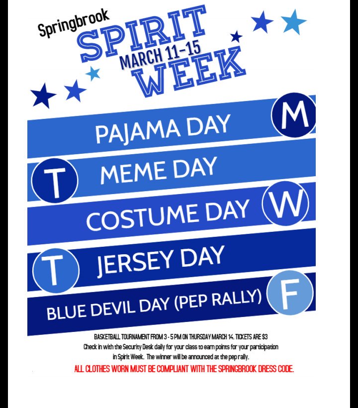 SpringbrookSGA's tweet photo. Tomorrow is the #springpeprally and #classcolorsday or #bluedevilday! Wear your class colors!
Freshmen= white
Sophomores = light/baby blue
Juniors= dark/navy blue
Seniors= black https://t.co/4nzacADpJf