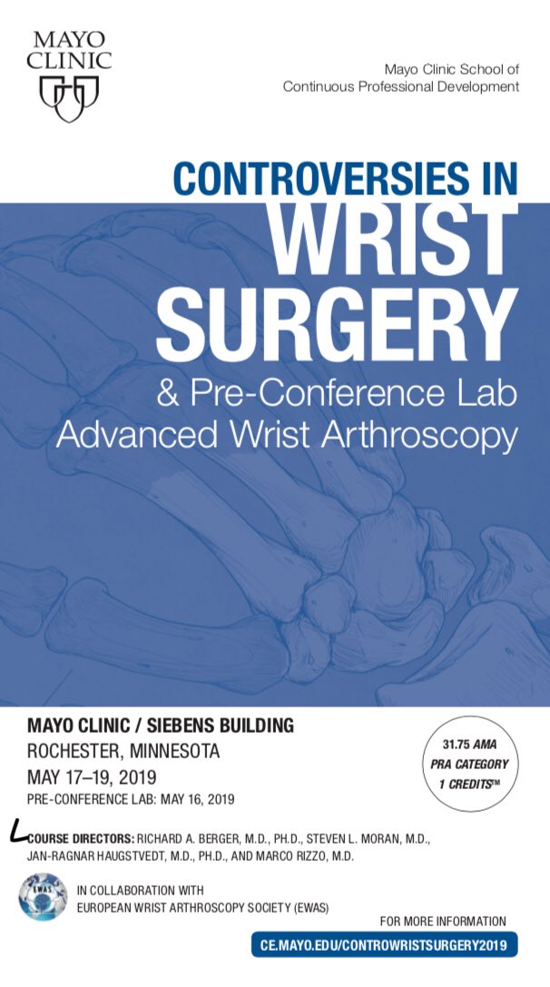 Steven L. Moran (@stevenmoranmd) on Twitter photo Join us for the <a href="/MayoClinic/">Mayo Clinic</a> wrist course honoring Dick Berger May 16-19. I hope to see many farmiliar faces there! Join us for the <a href="/MayoClinic/">Mayo Clinic</a> wrist course honoring Dick Berger May 16-19. I hope to see many farmiliar faces there!
