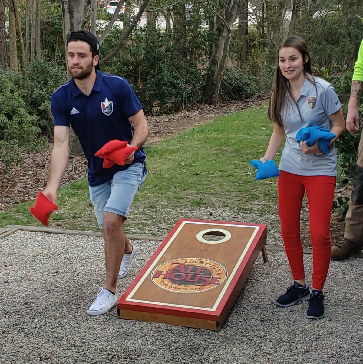 FredMatthes's tweet photo. @KayleighKurtz of @TheNCCourage & #DonovanEwolo , @gdsmith05 of @NorthCarolinaFC & our own #MorganBrown compete in #Cornhole at @Carolinaalehous for @loneriderbeer 10th Anniversary... See them all in action on 3/23 at #WakeMedSoccerPark for DH vs @OrlandoPride & @ClubNecaxa ! https://t.co/2jCpShfFkR