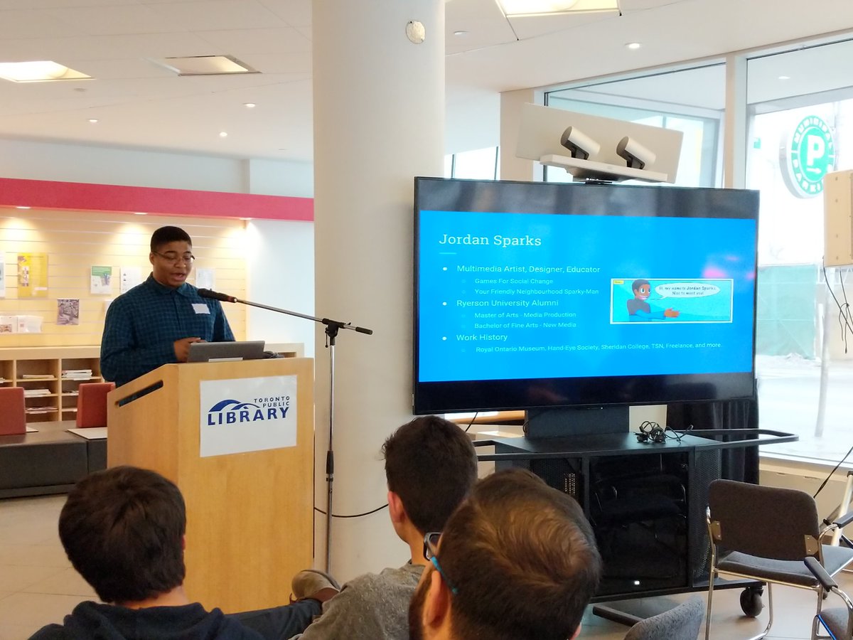 D_M_Gregory's tweet photo. At @torontolibrary for @RyersonU's #TMZevent, watching @SuperSparkplugs present on the UX of Context in #gamedev https://t.co/dIBepp7GW4