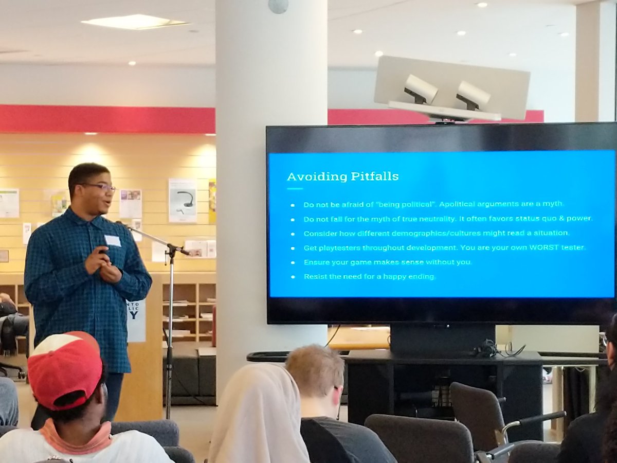 D_M_Gregory's tweet photo. At @torontolibrary for @RyersonU's #TMZevent, watching @SuperSparkplugs present on the UX of Context in #gamedev https://t.co/dIBepp7GW4