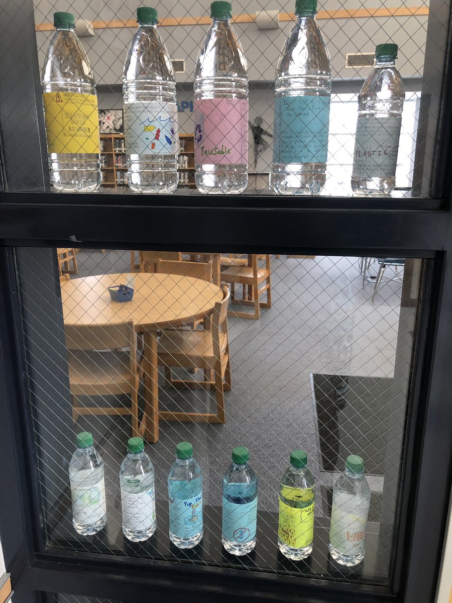 HighlandGaston's tweet photo. Sustainability and water bottle plastics!  @mrwinecoff45 ‘s students created these water bottle labels which are on display in the @HighlandGaston library!  What a great visual for our students!  #HSTcreates #Integration #LifeSkills #LifeLongLearners https://t.co/U9zV8Nltks
