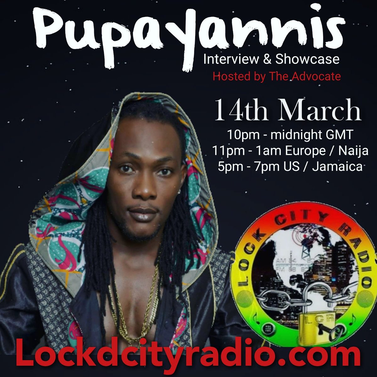 Charlesliberty7's tweet photo. Notice Notice!
 A quick reminder.....
the dancehall field marshal "Pupayanis" will be live on air today 14th March from 11pm naija time  for an international interview hosted by; Ann the advocate! @lockdcityradio.com link up..tune in.. https://t.co/oTcqmAunWL