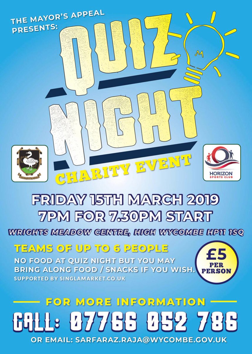 hw_first's tweet photo. All set for tomorrow night's #quiznight in aid @horizonsportsclub What an amazing charity doing fabulous work. Why not quiz me about being #mayorofhighwycombe? I have learnt such a lot since May 2018. Happy to share. https://t.co/4XeQqAeA7v