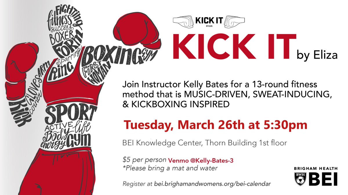 Please join the #BrighamBEI for <a href="/kickitbyeliza/">Kick It By Eliza®️</a> Kickboxing class with <a href="/BrighamWomens/">Brigham and Women's Hospital</a> instructor Kelly Bates on Tuesday, March 26th from 5:30 PM-6:30 PM for some fun and a great workout!

Please register here: bit.ly/2JckZQc