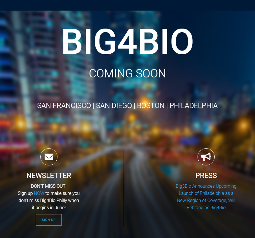 big4bio's tweet photo. REMINDER!
Big3Bio Announces Upcoming Launch of #Philadelphia as a New Region of Coverage; Will Rebrand as Big4Bio - Launch event info during #BIO2019 to come! SIGN UP NOW at https://t.co/0nf88qvixj
https://t.co/SaRFZlBX2k …
#Big4Bio #lifesciences #biotech https://t.co/BiCVTFiURc