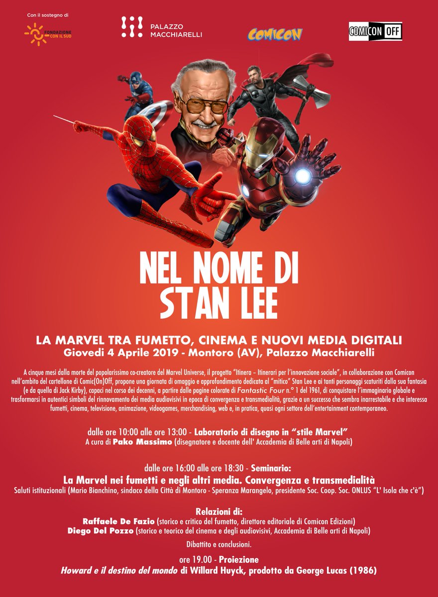 PMacchiarelli's tweet photo. A pochi mesi dalla morte del co-creatore del Marvel Universe, il progetto "Itinera" in collaborazione con @NapoliCOMICON , nell'ambito del cartellone #ComiconOff, propone una giornata dedicata al mitico #StanLee.
- 4 aprile START ore 10:00
Ingresso Gratuito
#macchiarelli https://t.co/kIH3Sh4iIa