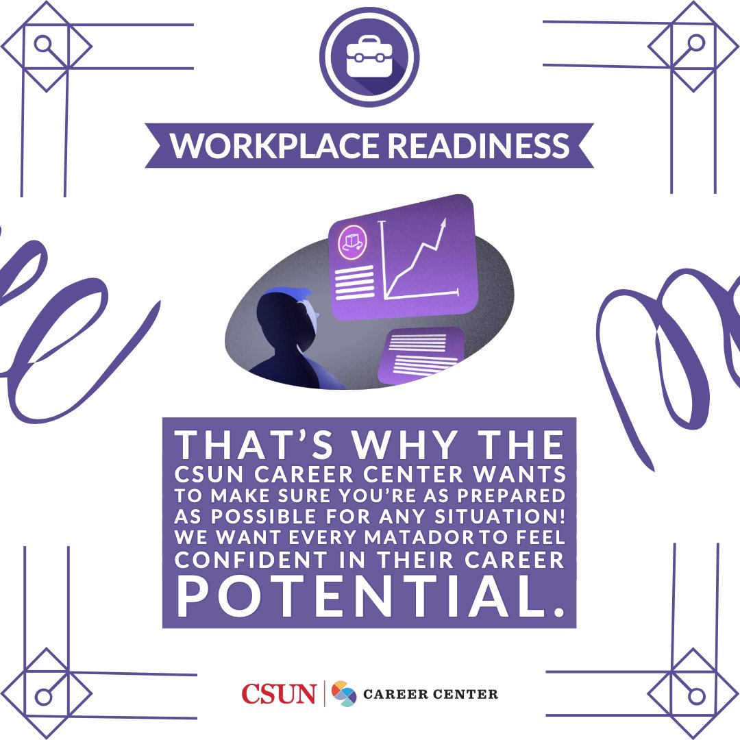 CSUNCareerCtr's tweet image. Here another part of our LOGO-WORKPLACE READINESS. Call us for further information about our resources, or visit us at Bayramian Hall 413. Our hours are Monday-Thursday 9:00AM-5:00PM, Friday 9:00PM-4:00PM #csuncareercenter #csun #workplacereadiness #csunstudent