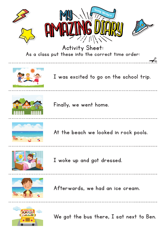 YoungWritersCW's tweet photo. Have you seen our simple class/homework activity for your #KS1 pupils? Challenge your pupils to put these sentences into the correct time order... https://t.co/ZBmfaOTb6s #AmazingDiary #Diary https://t.co/37PyoQoNUn