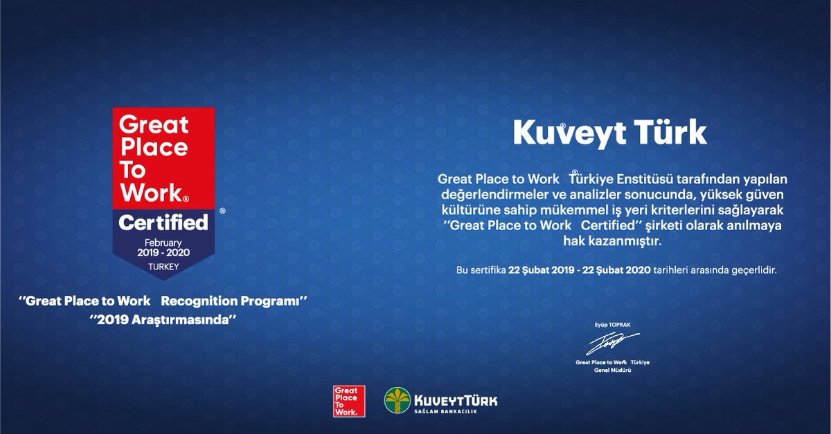 Kuveyt Türk’e mükemmel işyeri sertifikası

2018’de en iyi işveren seçilen Kuveyt Türk, 2019’da yüksek güven kültürüne sahip mükemmel iş yeri kriterlerini sağlayarak GPTW Certified olarak anılmaya hak kazandı. 
#İyiki #EnİyişyeriKuveytTürk
