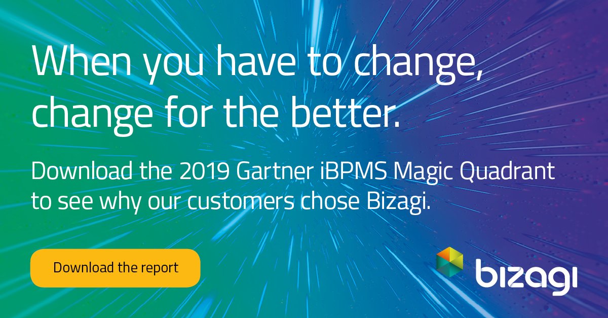 bizagi's tweet photo. #DigitalTransformation is all about change. Bizagi is here to help you make that change. 
Find out more in the 2019 @Gartner iBPMS Magic Quadrant: https://t.co/6OBHFH1bUW 
#BPM #Automation #Modeling https://t.co/5CwpvELBFB