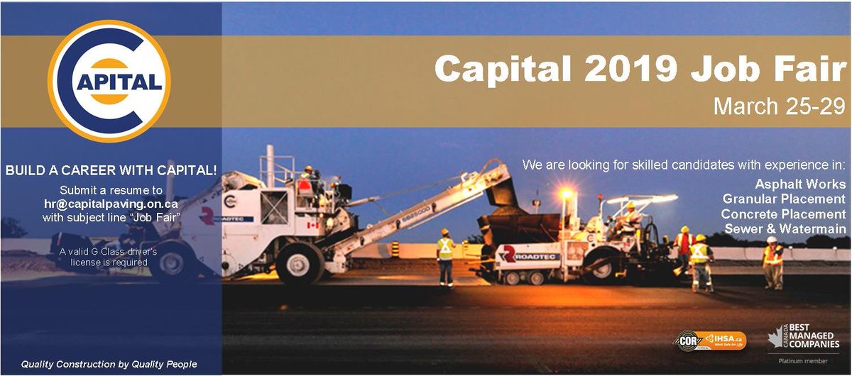 We just sprung forward in time, but there is still time before Capital’s construction season springs into action! Submit your resumes with subject line “Job Fair” to hr@capitalpaving.on.ca today!