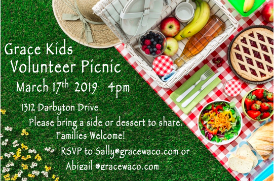 Gracewaco's tweet photo. Grace Kids Volunteers: Join us THIS Sunday at 4:00pm for a volunteer picnic! Bring a side or dessert to share, and RSVP to sally@gracewaco.com. See you there! https://t.co/09MpFcTzsv