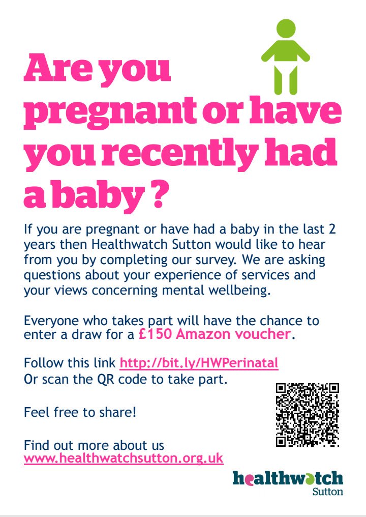 Live in Sutton and you or your partner recently had a baby please spare 10 minutes to complete this <a href="/healthwatchsut/">healthwatchsutton</a> survey here's the link 
bit.ly/HWPerinatal
#perinatalmentalhealth #everyonesbusiness