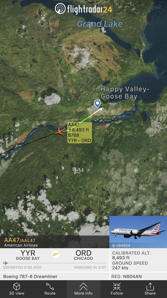 TomPodolec's tweet photo. Update 🔀 DIVERSION MEDICAL
American Airlines #AA47 from London just depart Goose Bay and continuing its journey to Chicago. Diverted earlier for a person in need of medical attention. 
https://t.co/c6tL89f3c6 https://t.co/CzR1pTfCNd