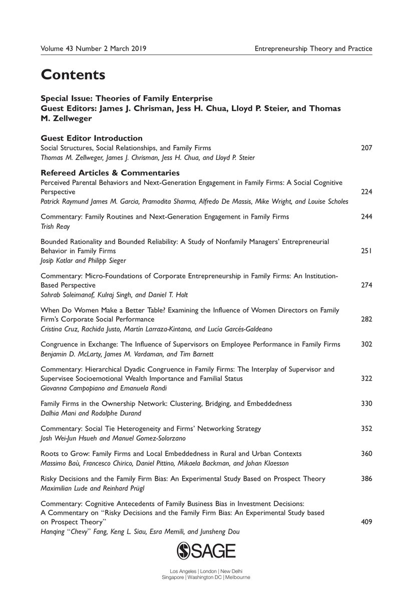 Our Special Issue on Family Enterprise is published!

It explores social structures, networks, local embeddedness, bounded rationality, investment decisions, &amp; corporate entrepreneurship plus the role of parental behaviors, routines, women &amp; supervisors.

buff.ly/2Hsklvt