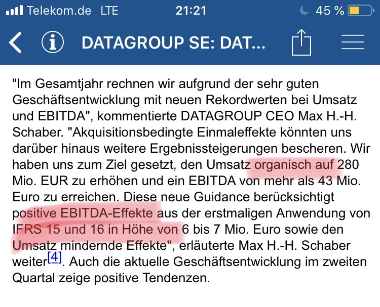 l_m_s15's tweet photo. Auch dies ist falsch! Die Anfang 2018 erworbene #Almato wird 3 Monate anorganisch zum Umsatz beitragen! Dazu: IFRS 15 belastet den Umsatz mit 5 Mio. €, IFRS 16 erhöht das Ebitda um 6 Mio. €! Einfach nur schlechte IR-Kommunikation von #Datagroup https://t.co/HyrdnRCchF