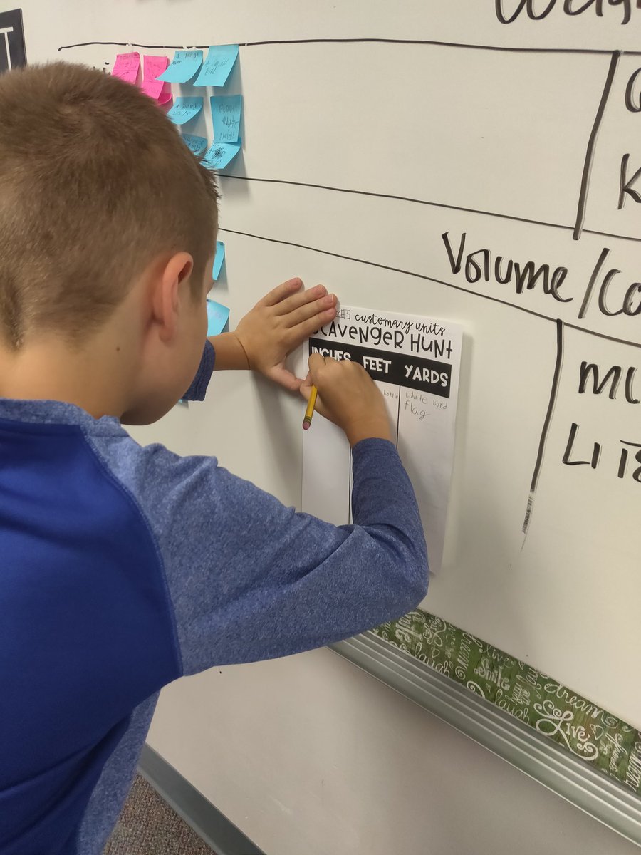 Creating our anchor chart with examples of where we use customary units and a scavenger hunt around the room for more tangible examples!