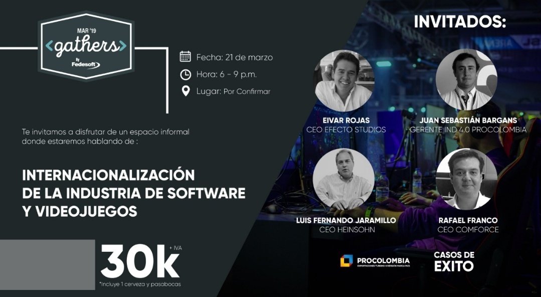 FedesoftCol's tweet photo. Esta edición de “Gathers by Fedesoft” trae como invitados a:

🤖@eivarrocas CEO de @EfectoStudios
🇨🇴@juansebargans gerente de industrias 4.0 de @PROCOLOMBIACO
👨‍💻Luis Fernando Jaramillo CEO de @HeinsohnSabe
👨‍🏫@rfranco CEO de #Comforce

Inscribete en
https://t.co/k18ZUOiJo0 https://t.co/hFaaYWDJWW