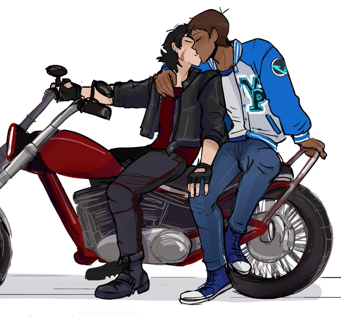 More of this Au!!
 with Keith "I joined a biker gang with my mom to run away from my feelings" Kogane  and Lance "I had a crush on my rival all along" McClain.
(Also,  first time meeting after Keith dropped out)
#klance #voltron 