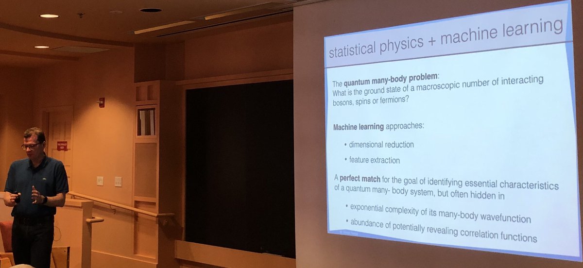 MStoudenmire's tweet photo. Simon Trebst speaking to the #machine19 program @KITP_UCSB on “Decoding the many-fermion problem with neural networks” https://t.co/IDyJBds3ta