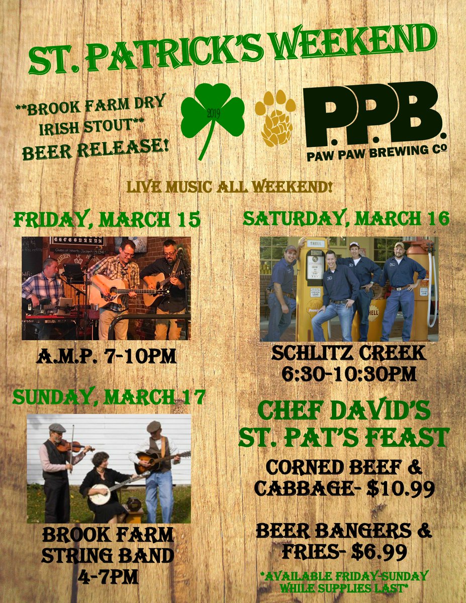 2pawsbeer's tweet photo. Looking for St. Patrick's Day plans? Head to the pub for St. Patrick's Weekend at PPBC! We have beer releases, Chef David's St. Pat's Feast, and live music by Peter George & A.M.P., Schlitz Creek, and Brook Farm String Band! No cover! Sláinte Mhaith! 🍻🍀🎼🎉 #2PawsBeer #PPBC https://t.co/FjtZ2n3KpT