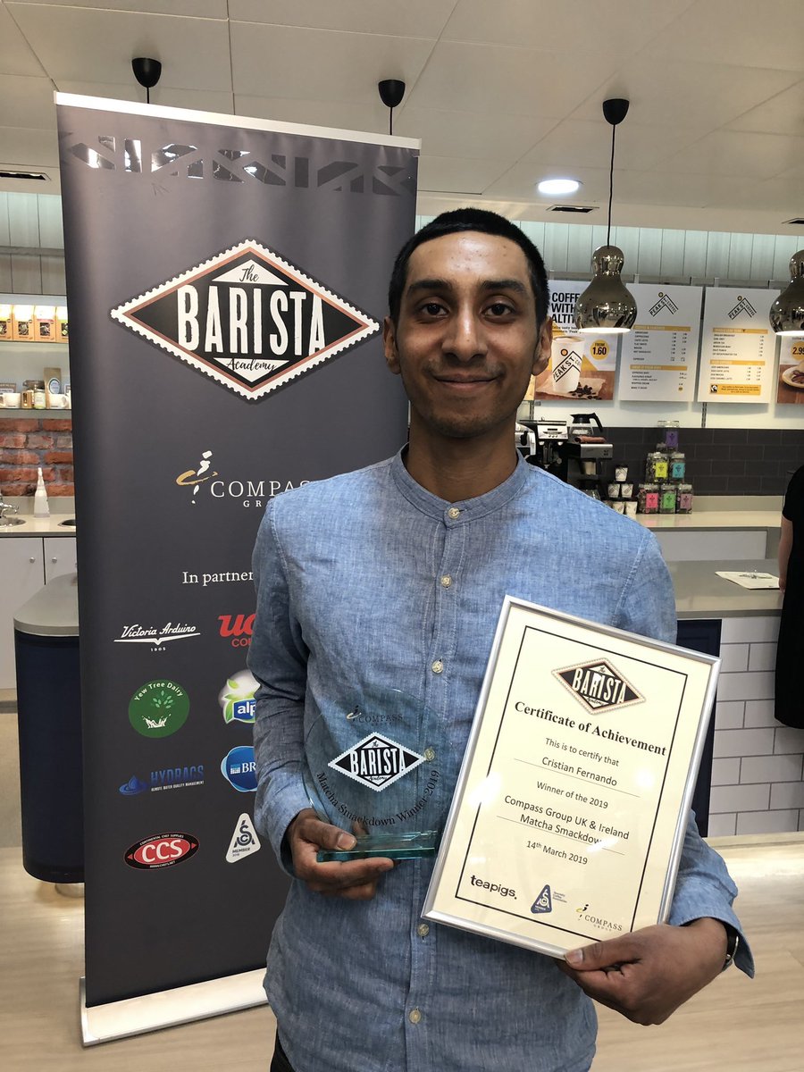 compassgroupuk's tweet photo. Congratulations to Christian Fernando! Our Match Smackdown winner- who came all the way from Italy to take part. Very well deserved 👏🏻🍵✈️ #CompassSmackdown19 #MatchaSmackdown19 https://t.co/vuhhszC1aM