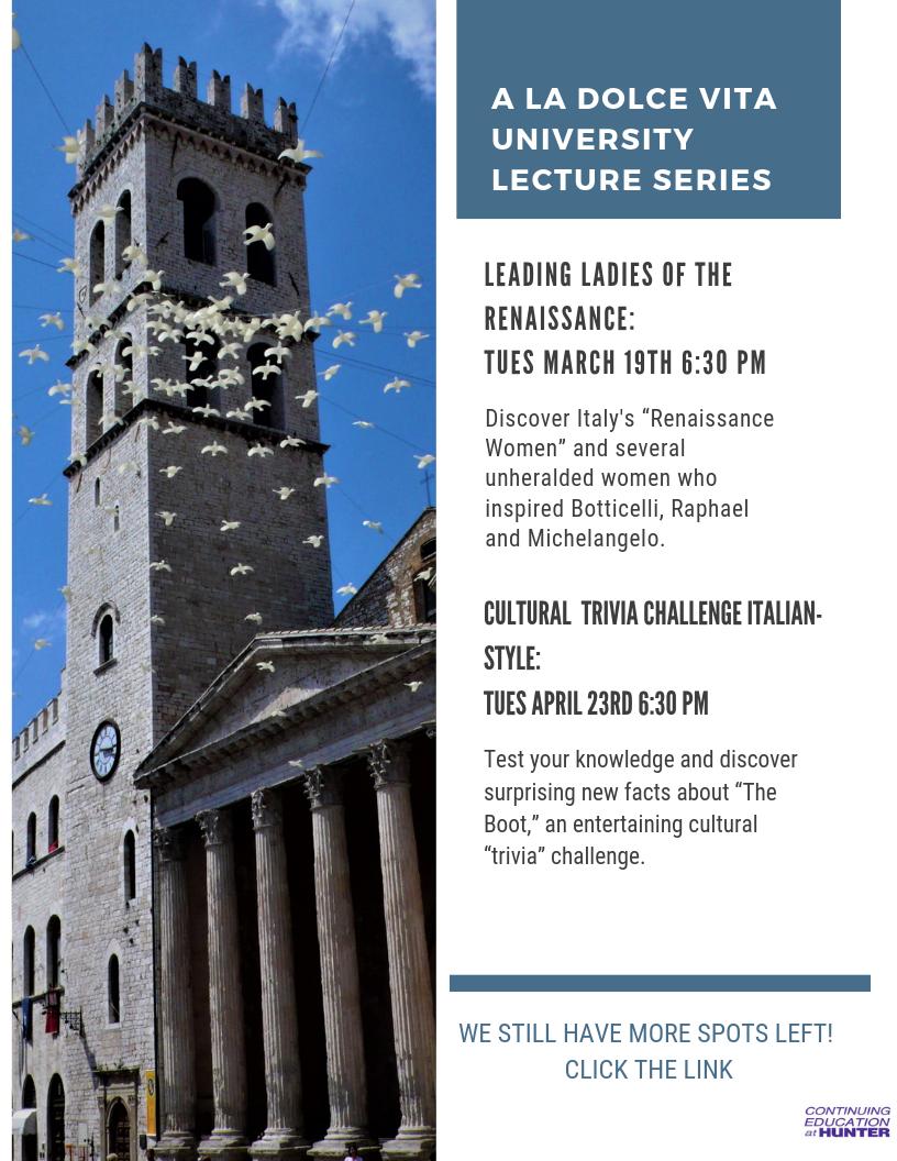 PIatHunter's tweet photo. Find your "Inner Italian" with the new lecture series by award-winning author Carla Gambescia. 
Seats are going fast, Register Today! 
#ParliamoItaliano #CEPatHunter #ThursdayThoughts 

https://t.co/v1Hs7IpOfM https://t.co/2wRGuLL0A2