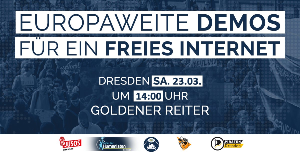 Nicht vergessen: Am 23.03. in #Dresden für ein Europa ohne #Artikel11, #Artikel12, #Artikel13 und #Uploadfilter auf die Straße gehen! Zeigt der CDU &amp; Co, was ihr von ihrem Demokrativerständnis und der geplanten Zensur des Internets haltet.