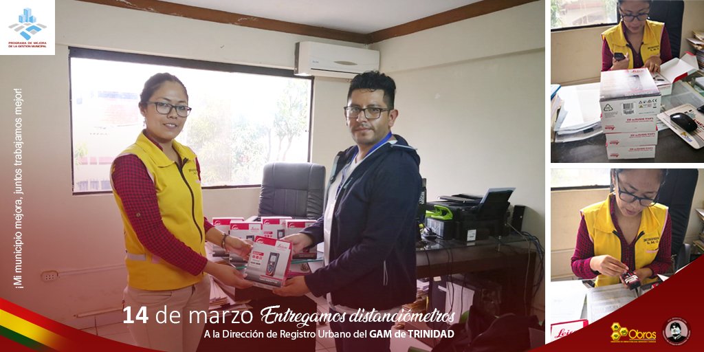 PMGM_CII's tweet photo. Fortalecemos el equipamiento de la Dirección de Registro Urbano del GAM de Trinidad con la entrega de Distanciómetros de última tecnología que les permitirá realizar mediciones más rápidas y eficaces.

#JuntosTrabajamosMejor 

@mopsv_Bolivia
@evoespueblo
@mincombolivia https://t.co/hkm3HeOyNy