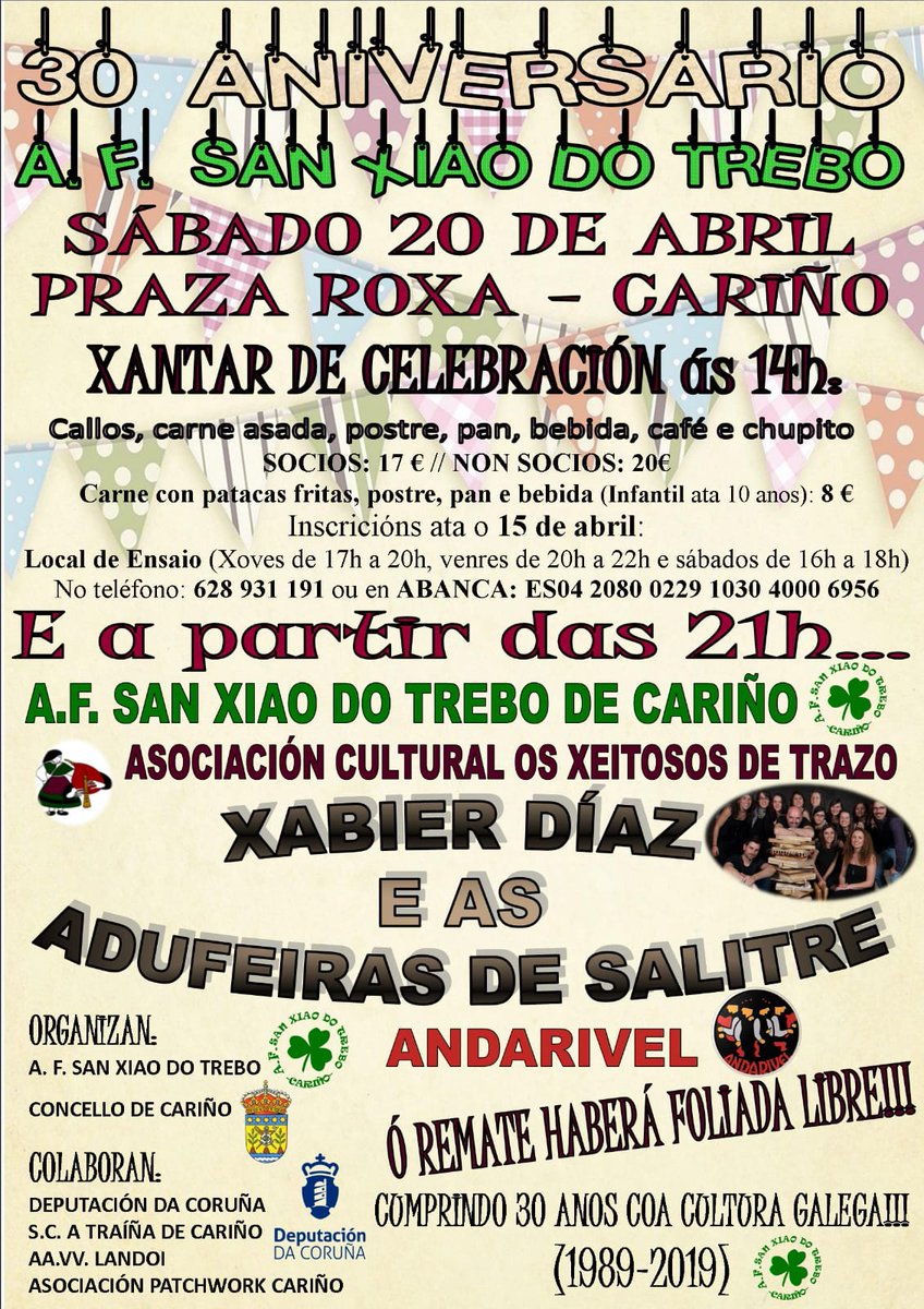 AFSanXiaoTrebo's tweet photo. Estamos de celebración!!! Non faltedes!!!  @xabier_diaz @xeitososdetrazo #Andarivel #30aniversario @DACCultura @ConcelloCarino @visitacarino #cariñomola https://t.co/ToWsXj8Gkt