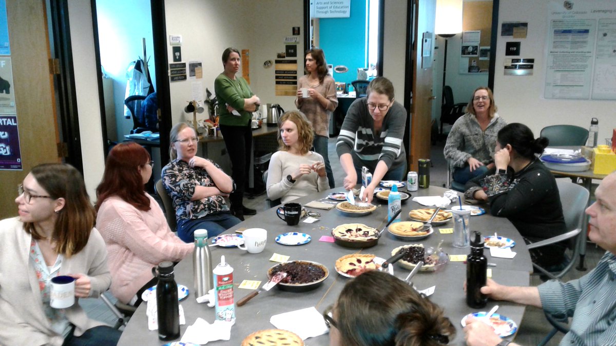 CUBoulderOIT's tweet photo. Nothing brings together OITers quite like mathematical constants and pie. Lots and lots of pie! Happy Pi(e) Day! #CUBoulder https://t.co/B6xLN1Gose