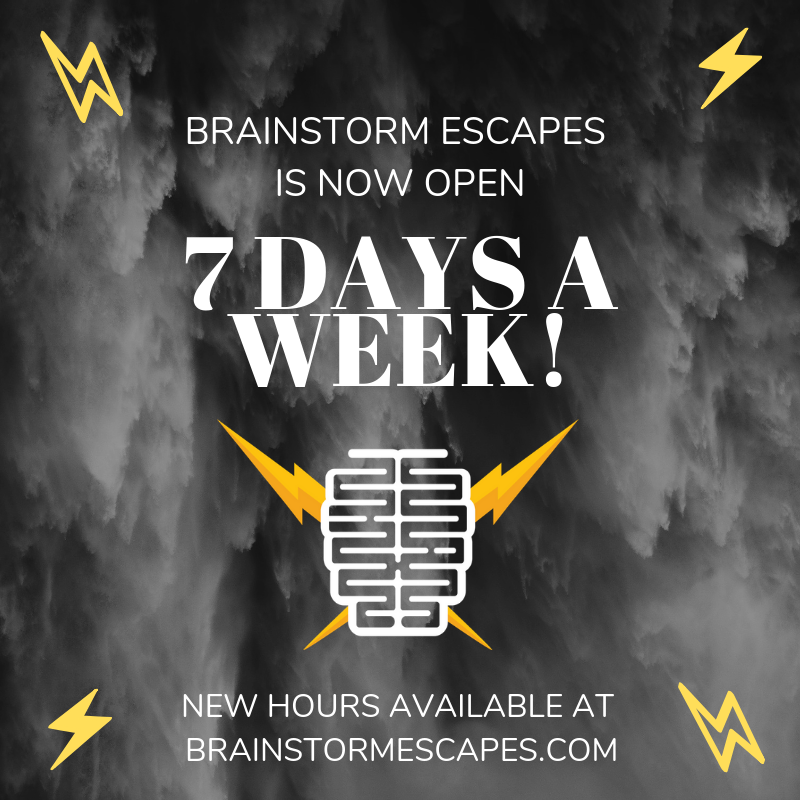 BrainyEscapes's tweet photo. Any day of the week, we'll be there! Rooms are now open Monday-Sunday, rain or shine! https://t.co/IDxtgURLCO