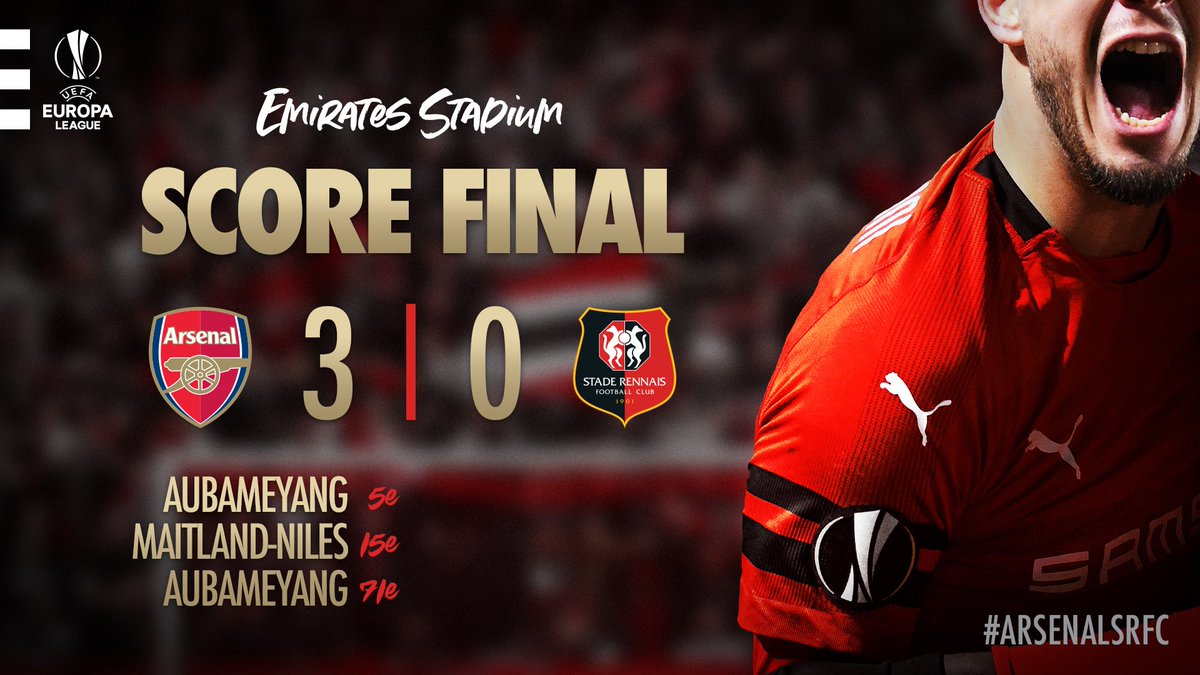 [<a href="/EuropaLeague/">UEFA Europa League</a>] 🏆
Match terminé. Les Rouge et Noir s’inclinent 3 buts à 0 face à Arsenal. 
La fin d’une très belle aventure européenne malgré tout. 
MERCI aux 6.000 supporters venus nous encourager à Londres. Vous avez été fantastiques. ❤🖤
#AllezRennes
#ToutDonner 💪🔴⚫