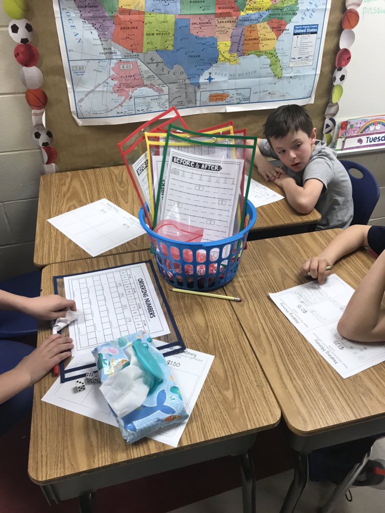 kbender715's tweet image. Place value stations and practice counting real money in 2nd grade today! @tabitha_white @WPESPrincipal @CCPS_MathK5 #oneCCPS