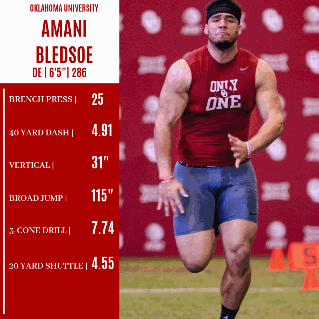 Preston_JamesIV's tweet photo. Amani Bledsoe @amani_bledsoe put up some solid numbers at OU's Pro Day. Teams are interested. @JRRickert @DraftDiamonds #NFLDraftNews #OUProDay https://t.co/QDXGuyhcqk