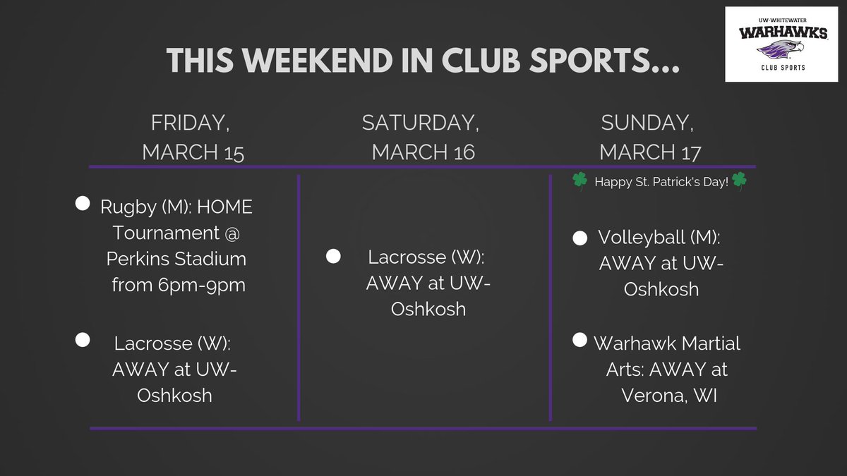 UWWClubSports's tweet photo. Check out what's going on this weekend in Club Sports! Good luck to all teams competing and Happy St. Patrick's Day! https://t.co/sAsN0paB68