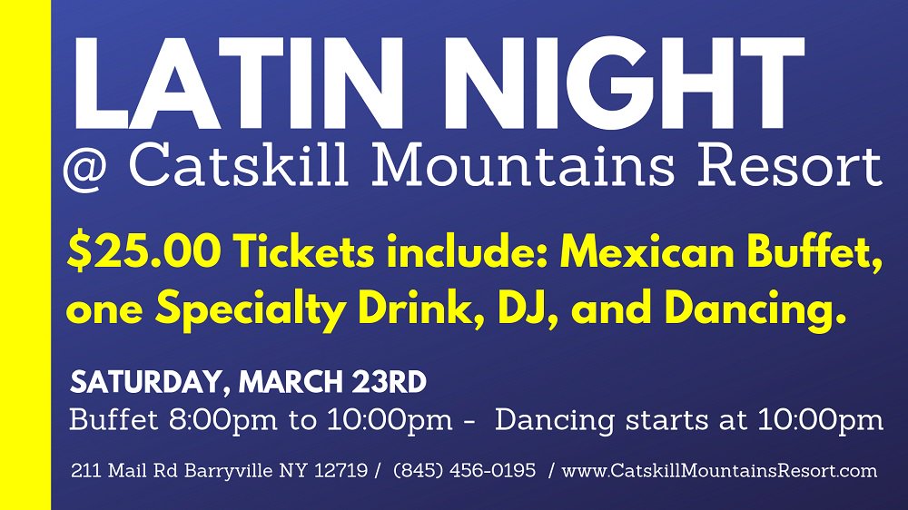 Dinner & Dancing in the #SullivanCatskills 🕺
March 23rd - Latin Night in #BarryvilleNY
Come on over - Drink, Eat, and Dance! #yulanny #eldredNY #Shohola #Lackawaxen #MilfordPA