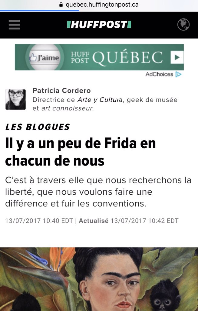 Eythel's tweet photo. .@lacordero llevó a Frida Kahlo hasta @HuffPostCanada @HuffPostGreece @HuffPostMaghreb y @ElHuffPost #VocesHuffPost https://t.co/BjQsGpZODx